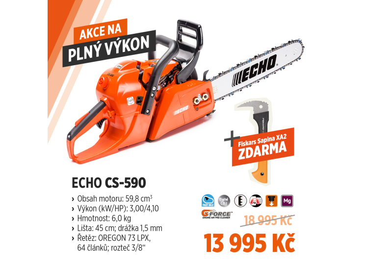 ECHO CS-590 profesionální benzínová motorová pila 59,8 cm³, lišta 45 cm + sapina Fiskars ZDARMA – 12448365