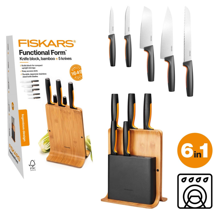 Fiskars Functional Form bambusový blok s 5 noži 1057552